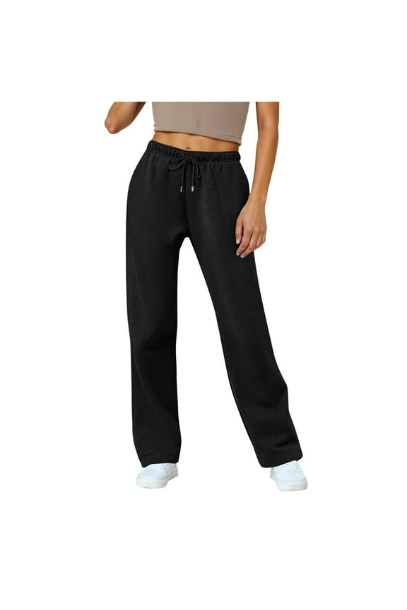 Women's Wide Leg Sweatpants Warm Thermal Straight Leg Sweat Pants with Pockets Black L