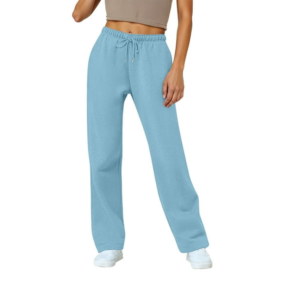 Inglocry Women's Wide Leg Sweatpants Warm Thermal Straight Leg Sweat Pants with Pockets Light Blue XL