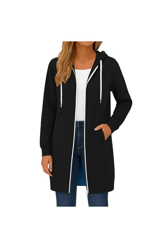 Womens Casual Zip Up Fleece Hoodies, Knee Length Long Warm Hooded Jacket Tunic Sweatshirt with Pockets Black S