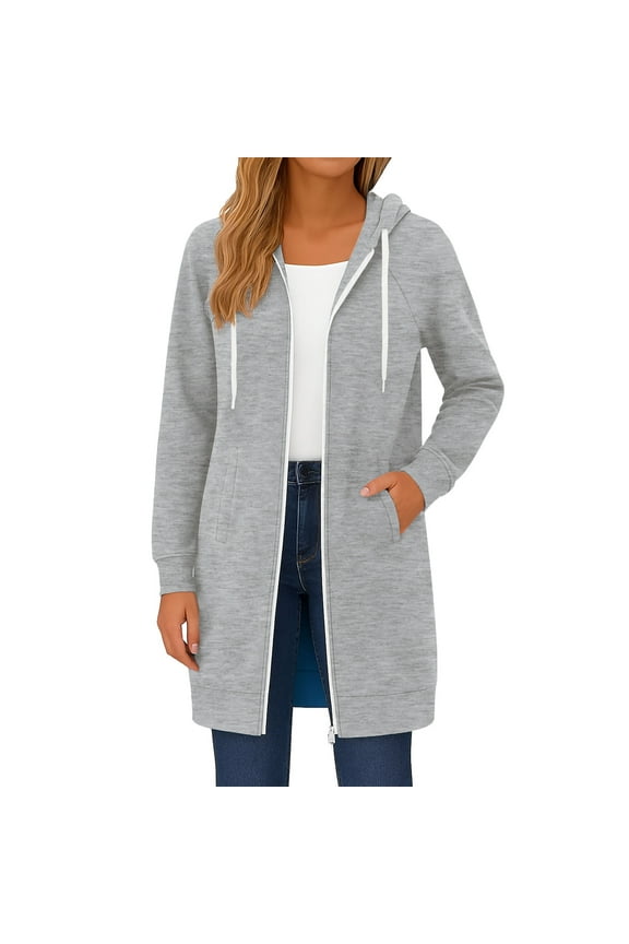 Womens Casual Zip Up Fleece Hoodies, Knee Length Long Warm Hooded Jacket Tunic Sweatshirt with Pockets Light Gray L