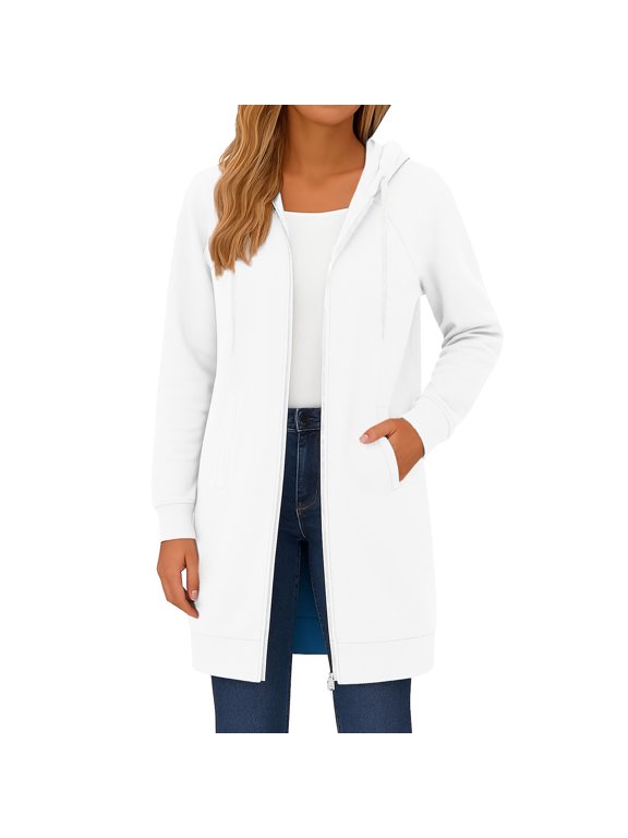 Womens Casual Zip Up Fleece Hoodies, Knee Length Long Warm Hooded Jacket Tunic Sweatshirt with Pockets White 2XL