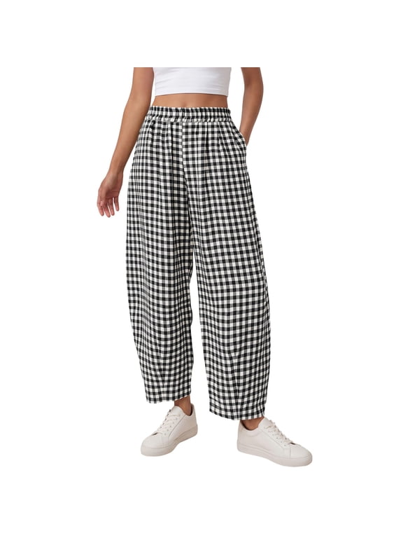 Womens Cotton Faux Linen Gingham Barrel Capri Pants Plaid Palazzo Trousers Harem Pants Pockets Summer Beach Vacation Black M