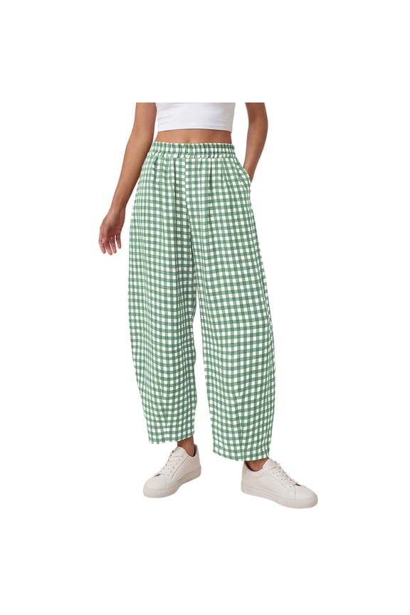 Womens Cotton Faux Linen Gingham Barrel Capri Pants Plaid Palazzo Trousers Harem Pants Pockets Summer Beach Vacation Green S