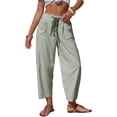 thumbnail image 1 of Inglocry Womens Faux Linen Striped Barrel Pants Comfy Drawstring Capri Pant Summer Beach Vacation Lounge Trousers with Pockets Green XL, 1 of 7