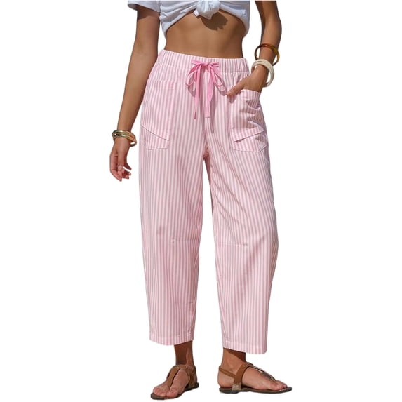 Inglocry Womens Faux Linen Striped Barrel Pants Comfy Drawstring Capri Pant Summer Beach Vacation Lounge Trousers with Pockets Pink S