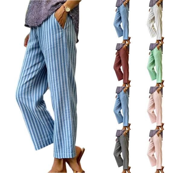 Inglocry Womens Faux Linen Striped Barrel Pants Comfy Drawstring Capri Pant with Pockets Summer Beach Vacation Lounge Trousers Light Blue S