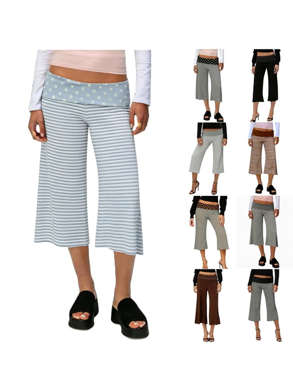 Womens Fold Over Capri Pants Flowy Low Rise Wide Leg Flared Gaucho Pants Yoga Capris Comfy Palazzo Culotte Lounge Bottoms Black 3XL