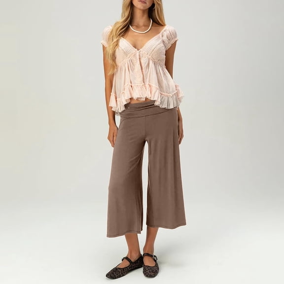 Inglocry Womens Fold Over Capri Pants Flowy Low Rise Wide Leg Flared Gaucho Pants Yoga Capris Comfy Palazzo Culotte Lounge Bottoms Coffee S