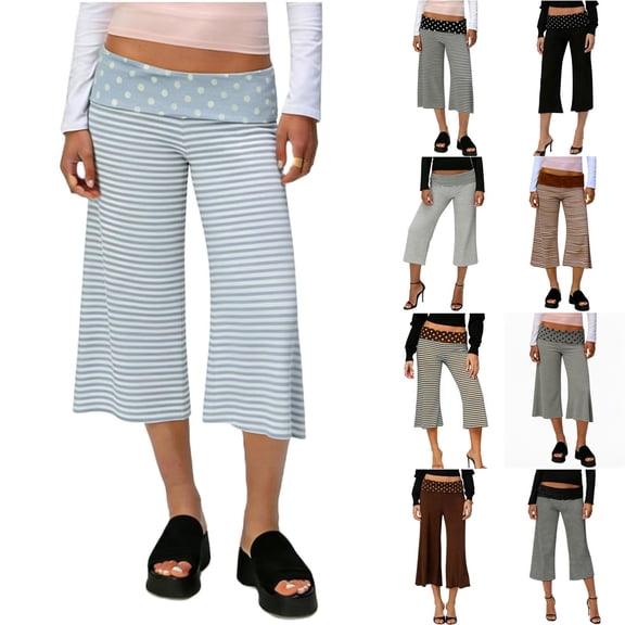 Inglocry Womens Fold Over Capri Pants Flowy Low Rise Wide Leg Flared Gaucho Pants Yoga Capris Comfy Palazzo Culotte Lounge Bottoms Gray M