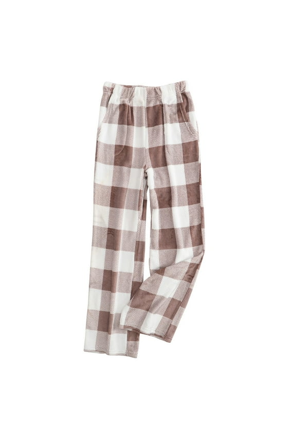 Womens Plush Plaid Pajama Pants Cute Flannel Checkered Lounge Pants with Pockets Fall Winter Warm Pj Bottoms Brown M
