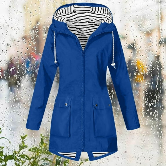 Inglocry Womens Rain Jacket Hiking Travel Zip Up Waterproof Long Hooded Raincoat Lightweight Climbing Striped Lined Windbreaker Blue S