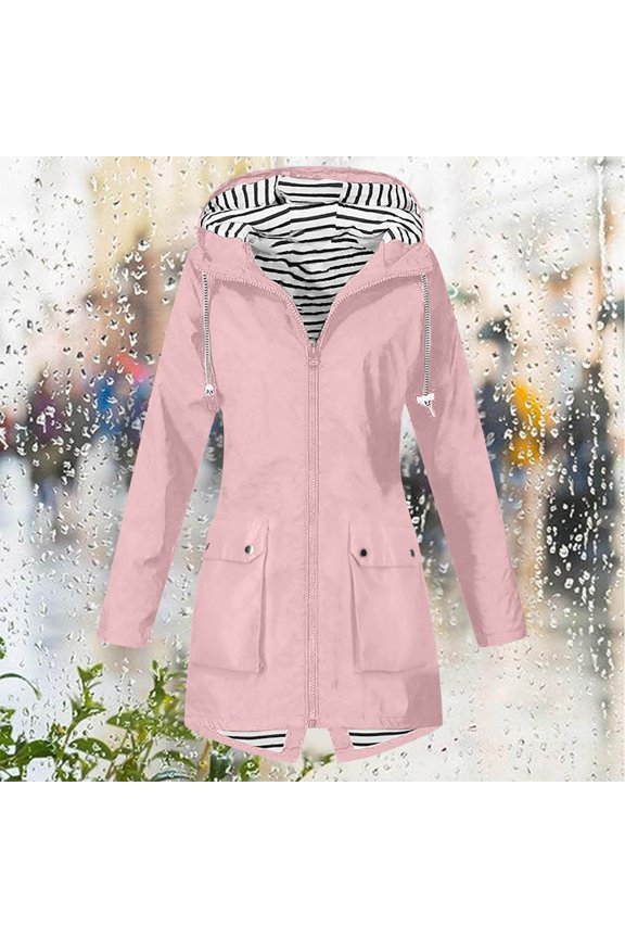Womens Rain Jacket Hiking Travel Zip Up Waterproof Long Hooded Raincoat Lightweight Climbing Striped Lined Windbreaker Pink S
