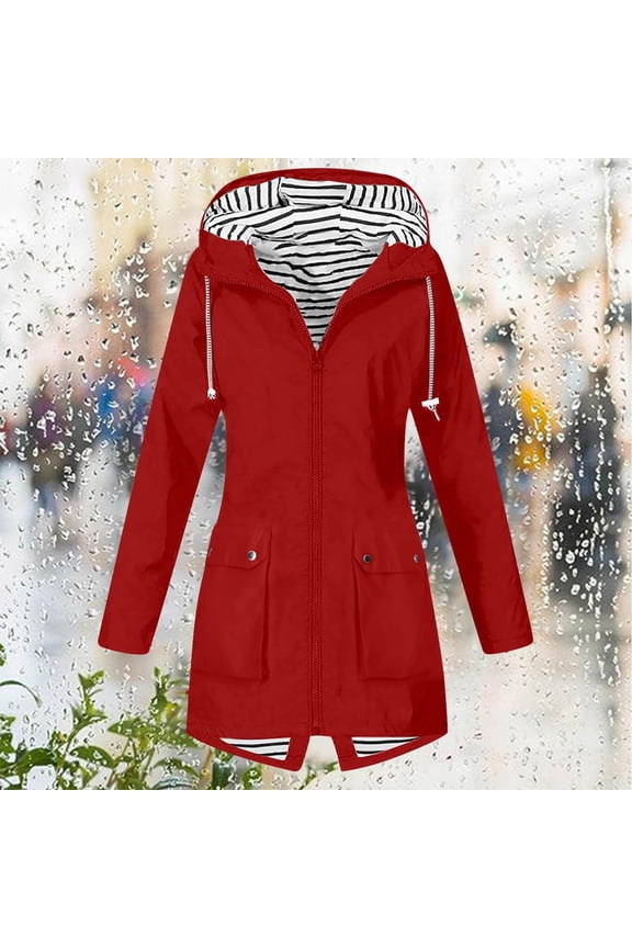 Womens Rain Jacket Hiking Travel Zip Up Waterproof Long Hooded Raincoat Lightweight Climbing Striped Lined Windbreaker Red XL