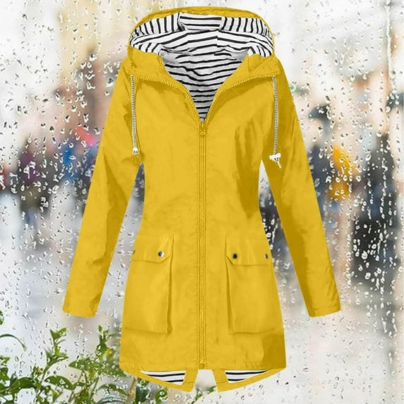 Inglocry Womens Rain Jacket Hiking Travel Zip Up Waterproof Long Hooded Raincoat Lightweight Climbing Striped Lined Windbreaker Yellow XL