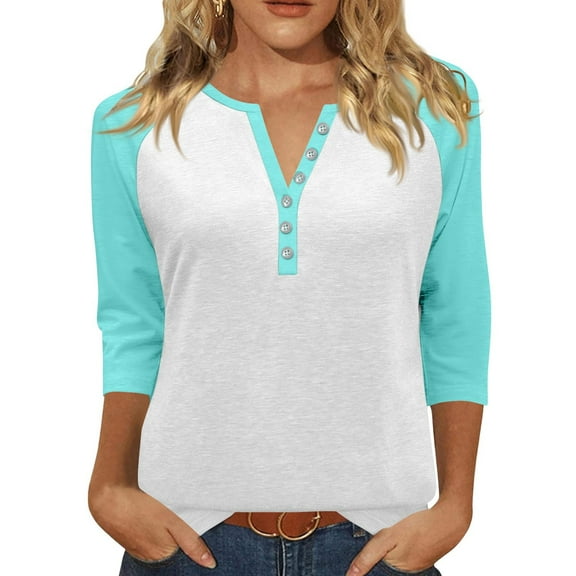 Inglocry Womens Summer Tops 3/4 Length Sleeve V Neck Casual Color Block Tunic Tops Dressy Blouses Button Down Henley Shirts Light Blue M
