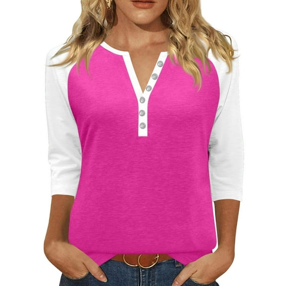 Inglocry Womens Summer Tops 3/4 Length Sleeve V Neck Casual Color Block Tunic Tops Dressy Blouses Henley Button Down Shirts Hot Pink S