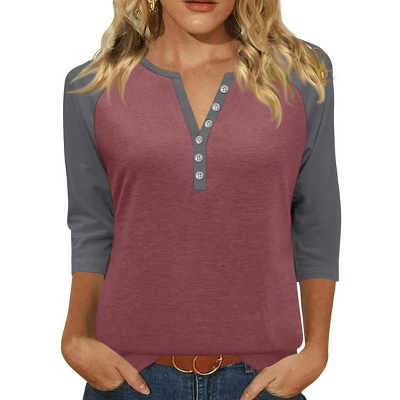 Inglocry Womens Summer Tops 3/4 Length Sleeve V-neck Casual Color Block Tunic Tops Dressy Blouses Henley Button Down Shirts Wine M