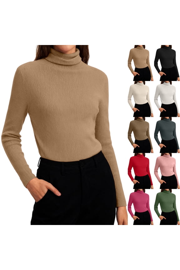 Womens Turtleneck Sweater 2026 Long Sleeve Shirts Spring Trendy Tops Slim Fitted Ribbed Knit Basic Top Casual Solid Color Sweater Pink S