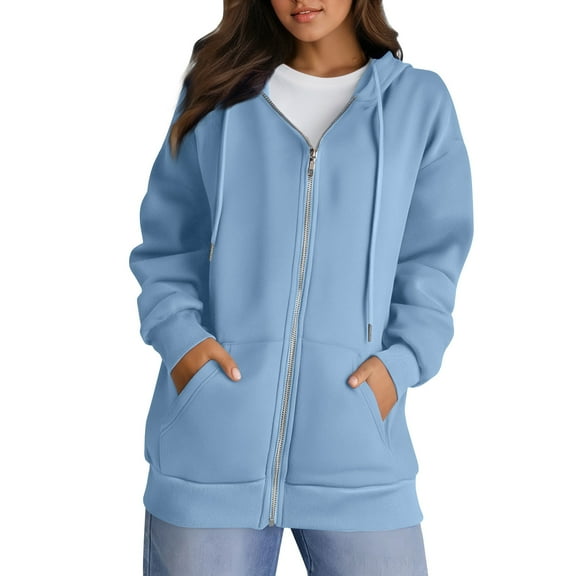 Inglocry Womens Zip Up Hoodies Oversized Fall Sweatshirts 2025 Cute Y2K Long Sleeve Fleece Jackets Winter Clothes With Pockets Light Blue S