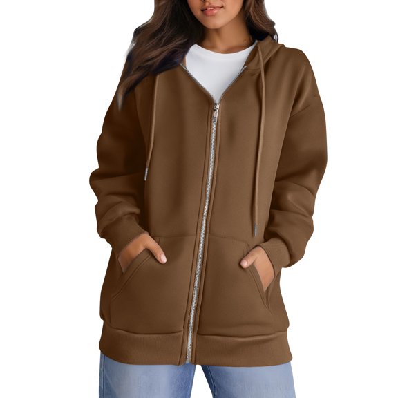 Inglocry Womens Zip Up Hoodies Oversized Fall Sweatshirts 2025 Cute Y2K Long Sleeve Fleece Jackets Winter Clothes With Pockets Light Brown S