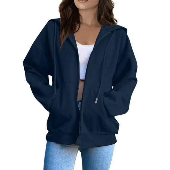 Inglocry Womens Zip Up Hoodies Oversized Fleece Plain Y2K Hoodie Jackets Athletic Zipper Hooded Sweatshirt with Pockets Navy S