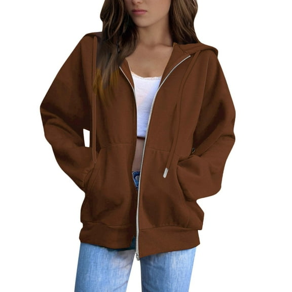 Inglocry Zip Up Hoodie Women Lightweight Fleece Jacket Y2k Drawstring Hooded Sweatshirts Preppy Fall Clothes with Pockets Brown M