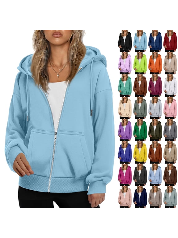 Zip Up Hoodies for Women Drawstring Soft Jackets Casual Winter Sweatshirts with Pocket Beige M