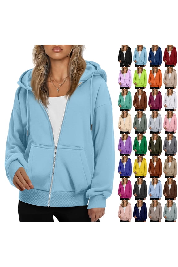 Zip Up Hoodies for Women Drawstring Soft Jackets Casual Winter Sweatshirts with Pocket Light Gray 2XL