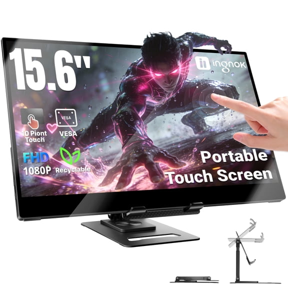 Ingnok YN02T 15.6-inch Touchscreen Portable Monitor, Full HD Display, 10-Point Touch, Type-C, Mini HDMI, Adjustable Stand