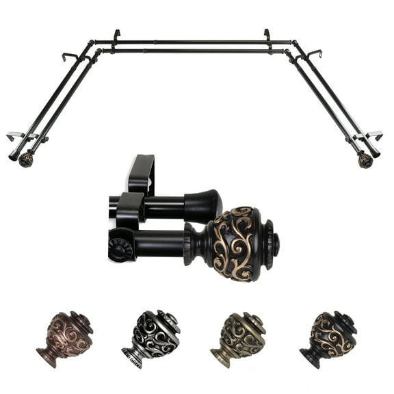 Ingo 13/16" Double Bay Window curtain rod Adjustable 20"-36", 38"-72" - Black,(ABay-89-2D)