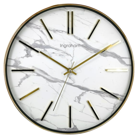 Ingraham Analog 14" Gold & White Marble Wall Clock with Quartz Accuracy- Model# 60003