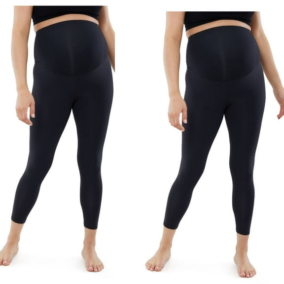 Ingrid & Isabel Basics Maternity 7/8 Active Legging with Crossover Panel, Black/Black, 2 Pack