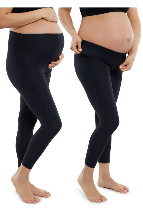 Basics Maternity 7/8 Active Leggings with Fold Over Panel, Black/Black, 2 Pack