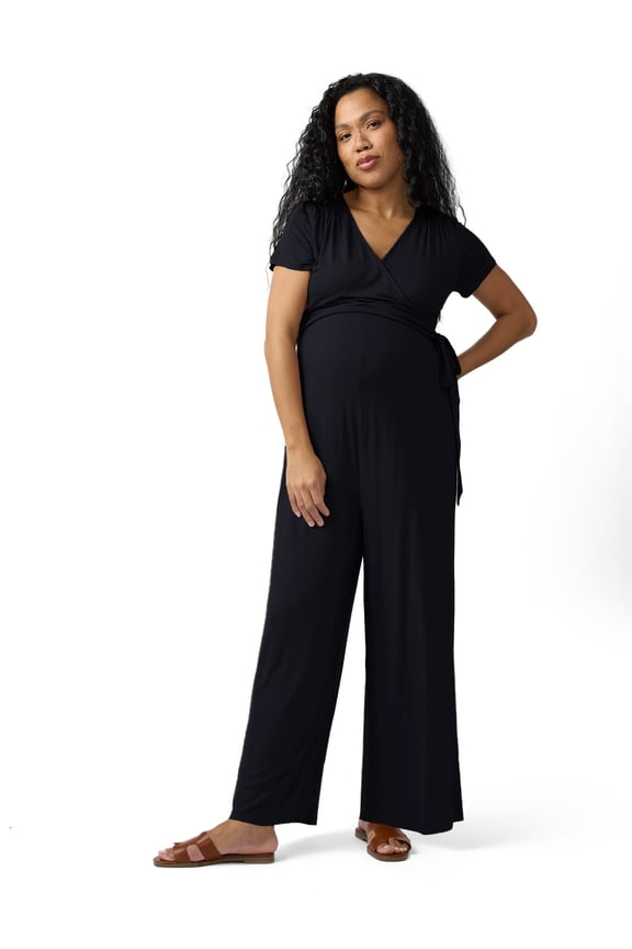 Women's Maternity Short Sleeve Knit Wrap Jumpsuit, Sizes S-XXL