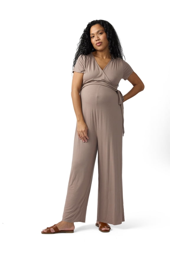Women's Maternity Short Sleeve Knit Wrap Jumpsuit, Sizes S-XXL