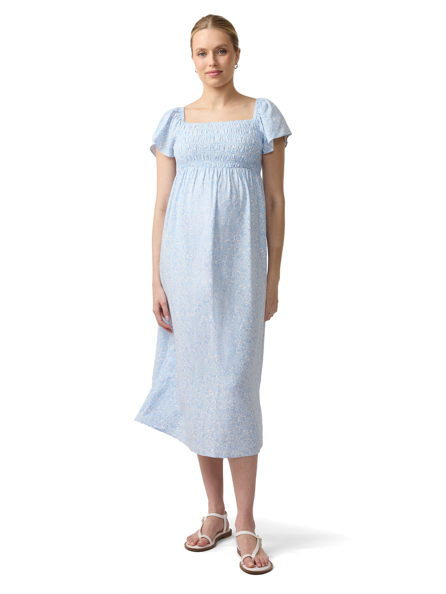 blue smocked maternity dress Momyknows Blue Smocked Prin Lace Up Maternity Photoshoot Maxi Dress main image 1