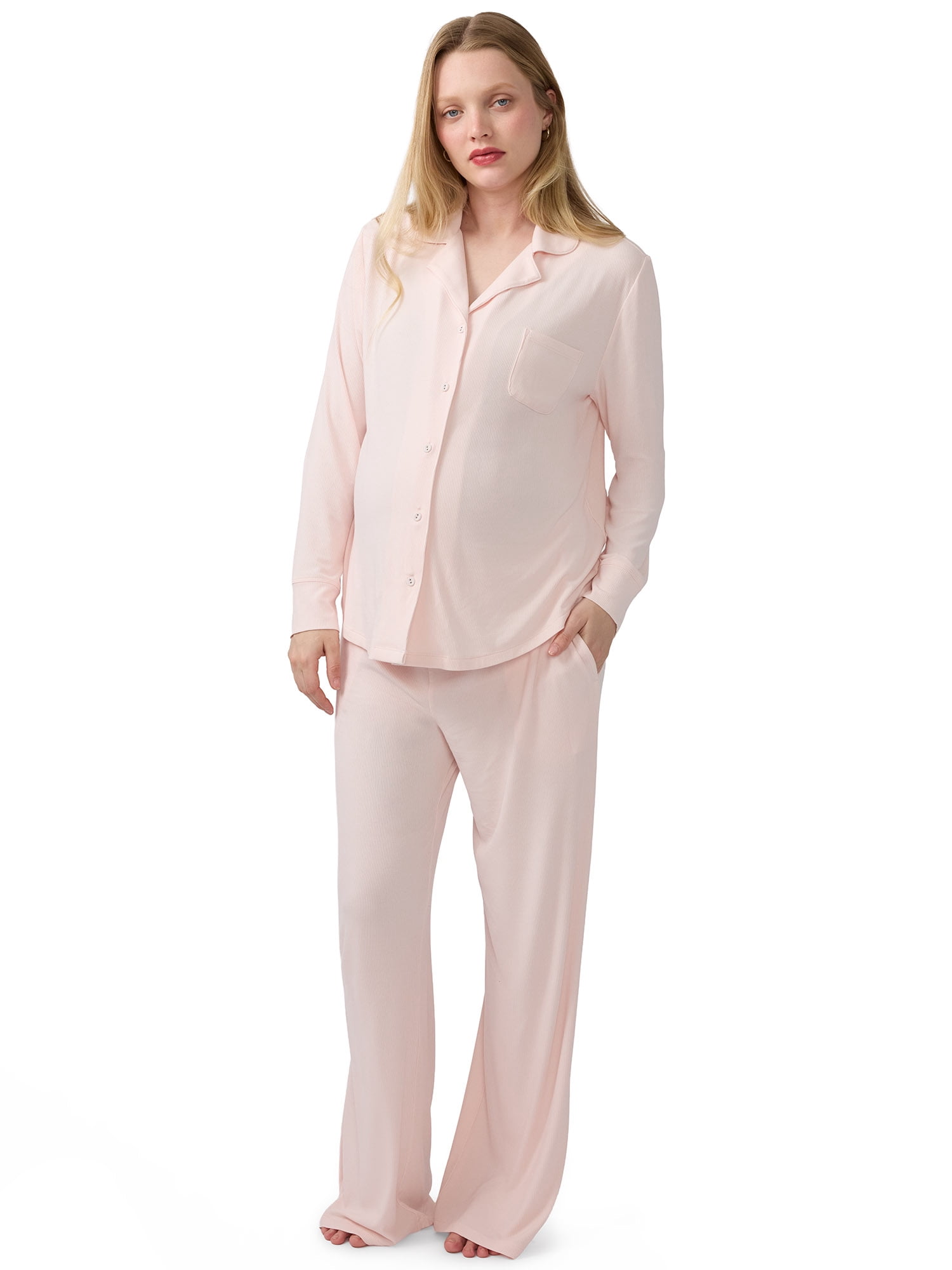 Ingrid & Isabel For Every Belly Women's Maternity Long Sleeve Button Down Shirt & Open Leg Pajama Set, Sizes S-XXXL
