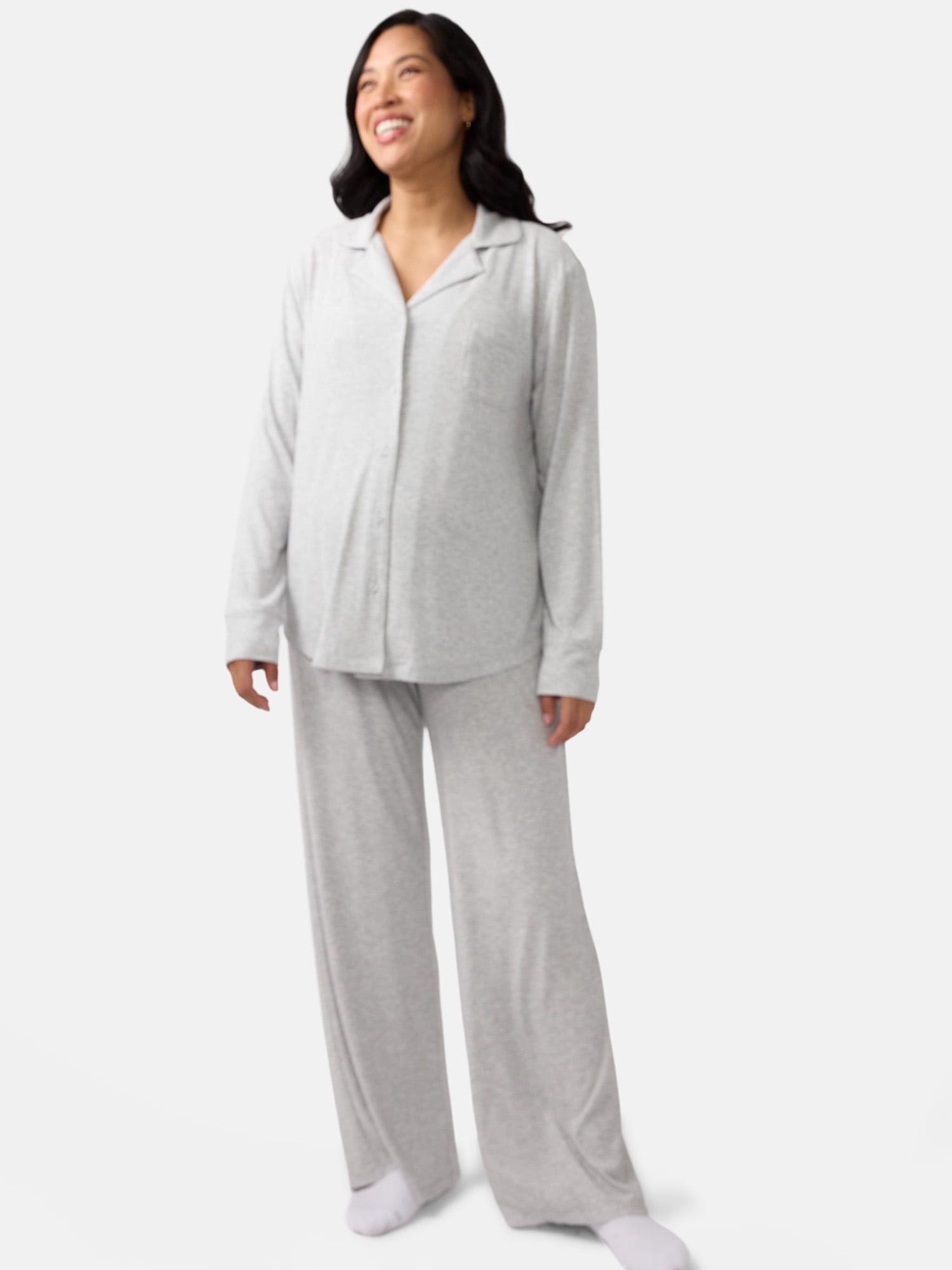 Ingrid & Isabel For Every Belly Women's Maternity Long Sleeve Button Down Shirt & Open Leg Pajama Set, Sizes S-XXXL