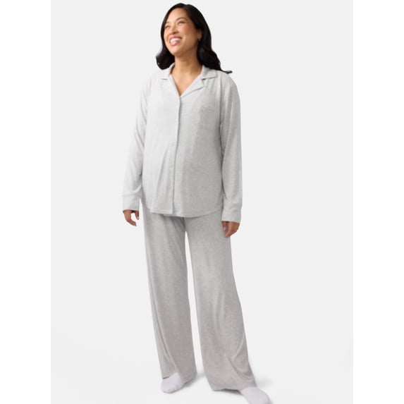 Ingrid & Isabel For Every Belly Women's Maternity Long Sleeve Button Down Shirt & Open Leg Pajama Set, Sizes S-XXXL