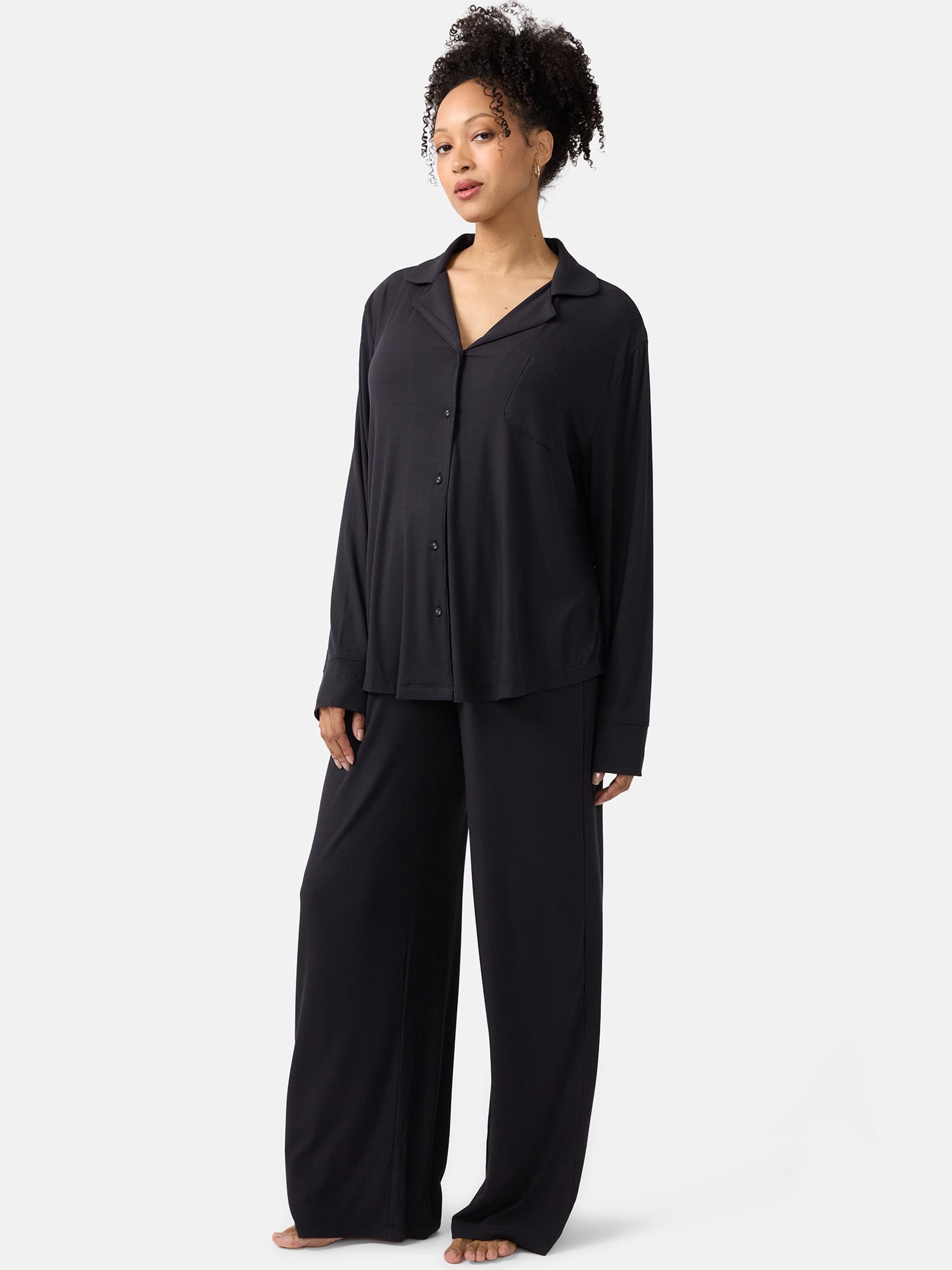 Ingrid & Isabel For Every Belly Women's Maternity Long Sleeve Button Down Shirt & Open Leg Pajama Set, Sizes S-XXXL