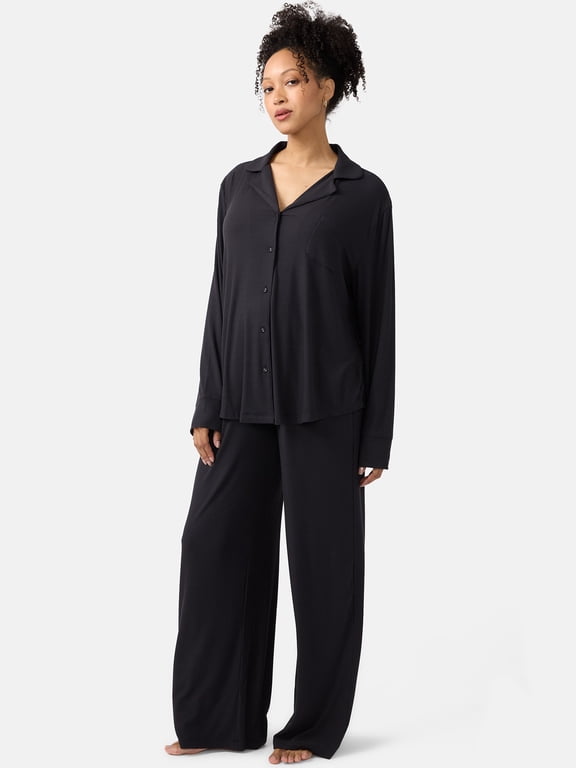 Women's Maternity Long Sleeve Button Down Shirt & Open Leg Pajama Set, Sizes S-XXXL