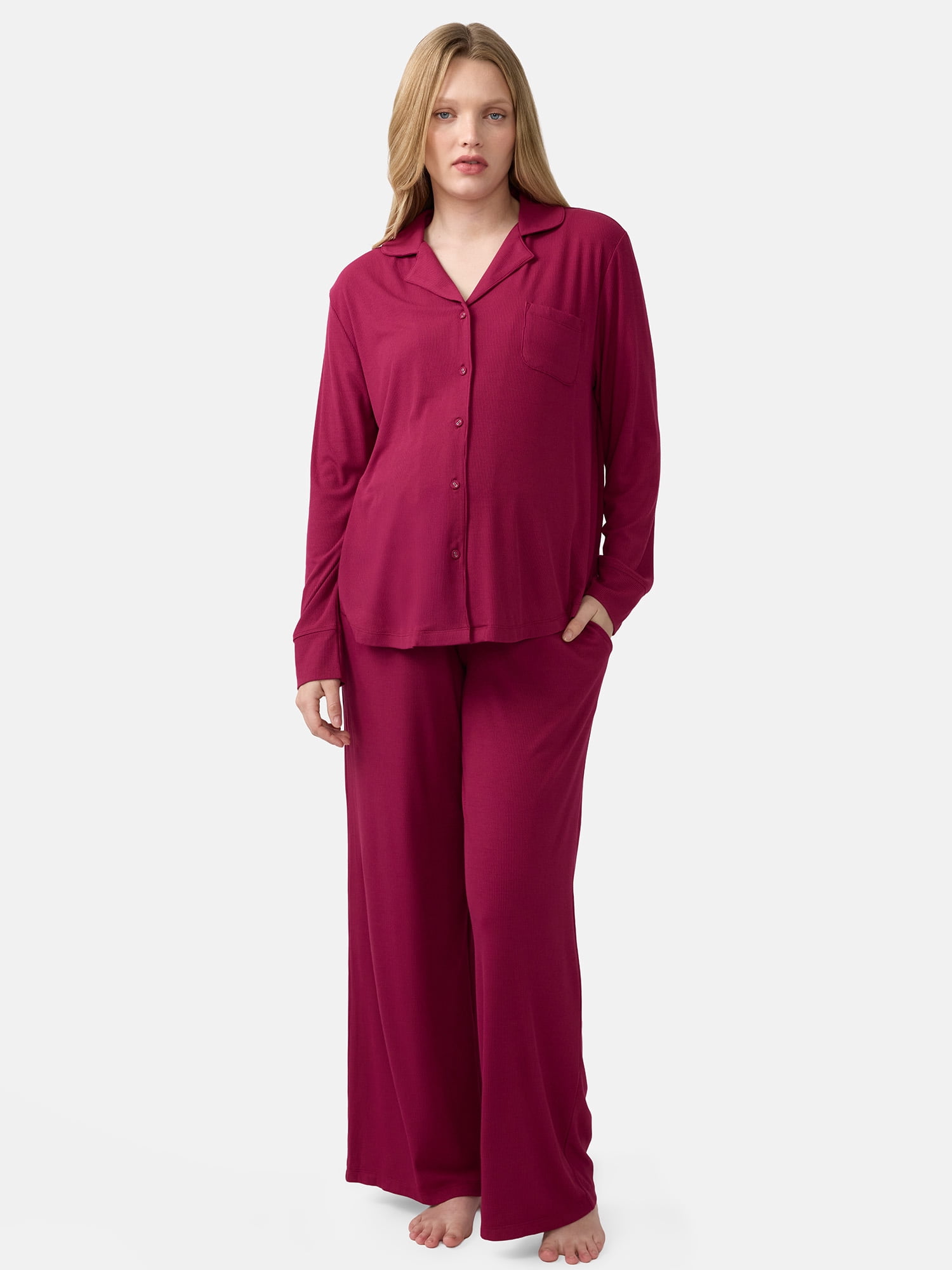 Ingrid & Isabel For Every Belly Women's Maternity Long Sleeve Button Down Shirt & Open Leg Pajama Set, Sizes S-XXXL