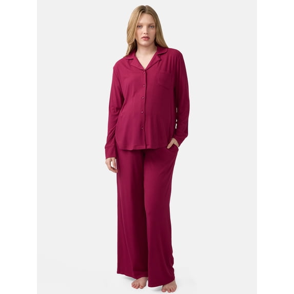 Ingrid & Isabel For Every Belly Women's Maternity Long Sleeve Button Down Shirt & Open Leg Pajama Set, Sizes S-XXXL