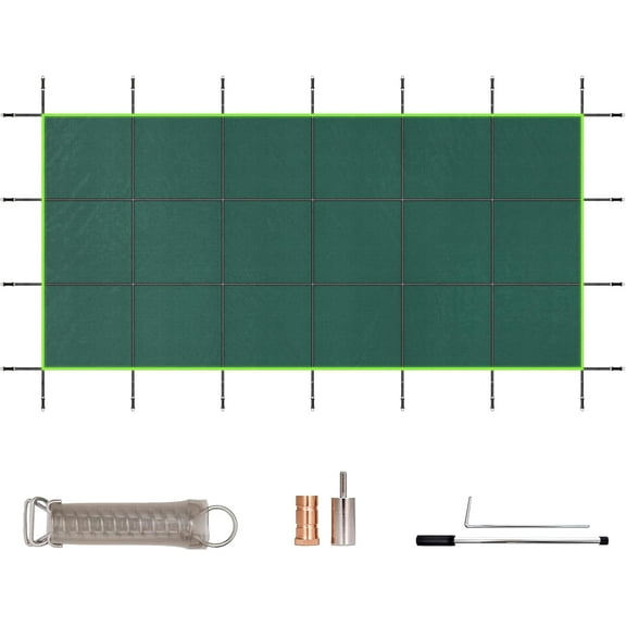Inground Pool Cover, Fits 12x24 ft Rectangle Swimming Pool with Reflective Strips, Reinforced Edge, Triple Stitched, Winter Pool Safety Cover Includes Safety Net and Installation Tools