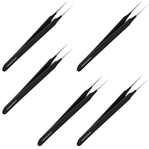 Ingrown Hair Tweezers Pointed Tip 5 Pack Black Precision Stainless Steel Extra Sharp