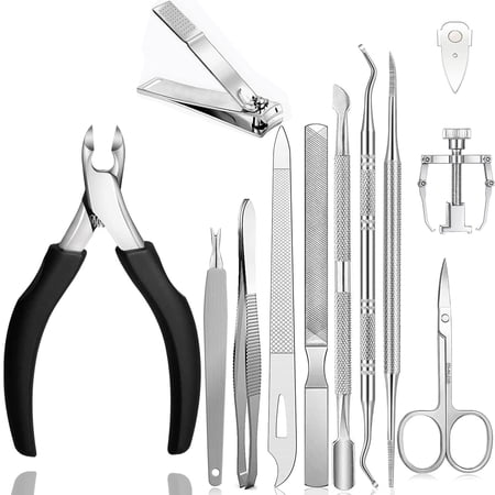 Ingrown Toenail Tool Pedicure Tools,12PCS Ingrown Toenail Treatment Toenail Clippers Professional Tool Set for Ingrown & Thick Nail Stainless Steel Ingrown Toenail Tool Black