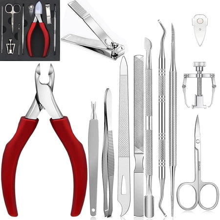 Ingrown Toenail Tool Pedicure Tools,12PCS Ingrown Toenail Treatment Toenail Clippers Professional Tool Set for Ingrown & Thick Nail Stainless Steel Ingrown Toenail Tool Red