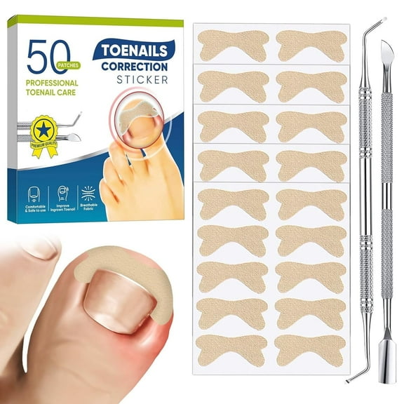 Ingrown Toenail Treatment, 50Pcs No Glue Breathable Toenail Corrector Patch with File and Lifter, Professional and Fast Acting