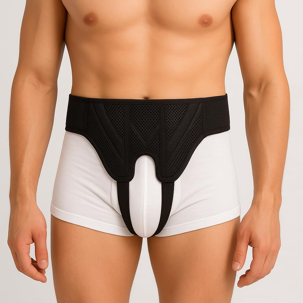 Inguinal Hernia Support Truss – Adjustable Black Belt with 2 Removable Compression Pads, Single or Double Side Support for Men and Women (Medium)