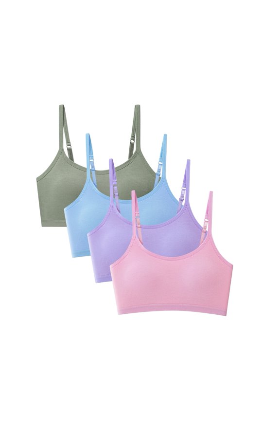 4-pack Girls Cotton Training Bra for Teens with Adjustable Straps & Fixed Padding, Wireless First Bras for Juniors 10-18 Years